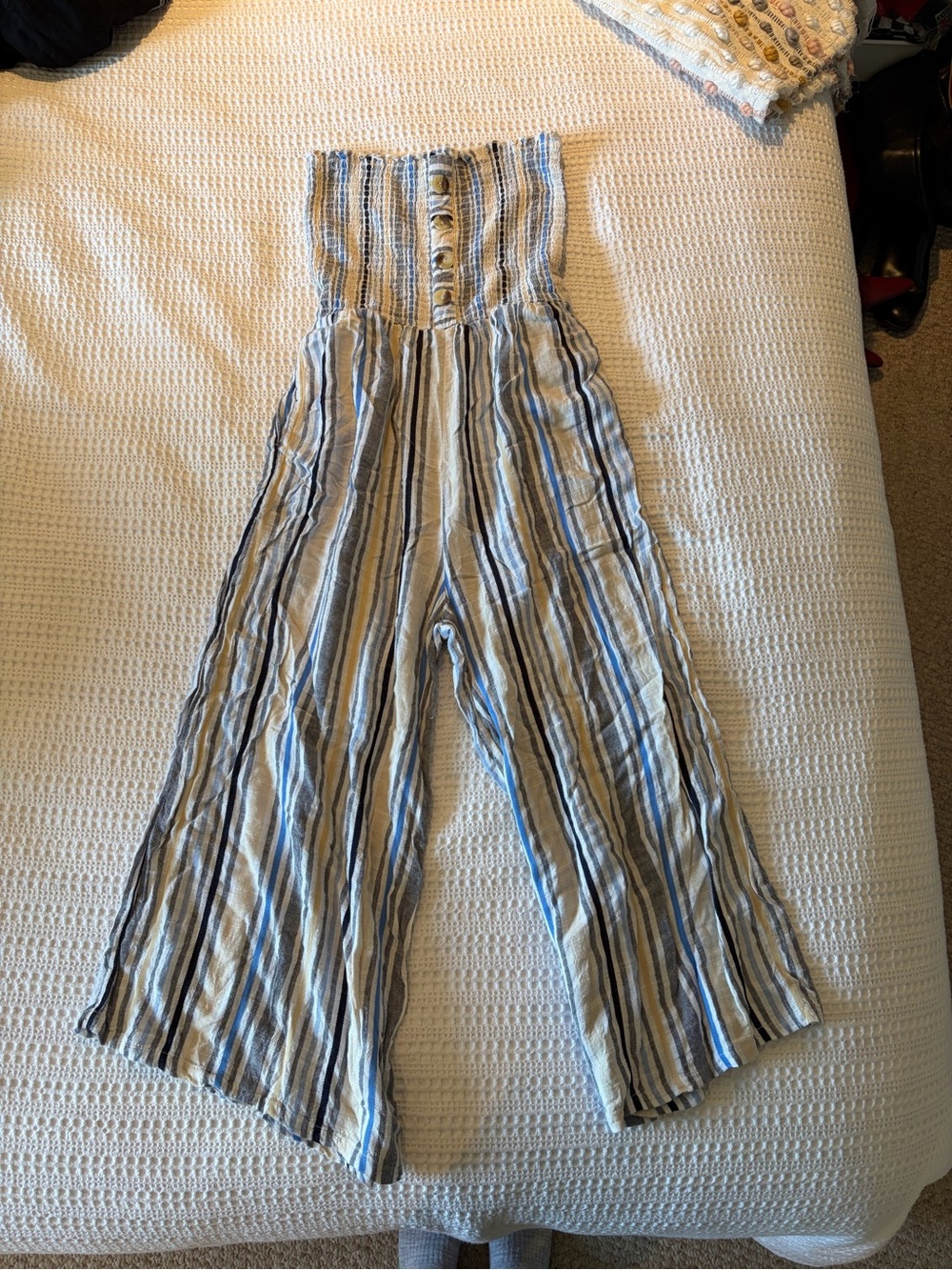blue island Blue and Cream Striped Smocked Wide-Leg Jumpsuit